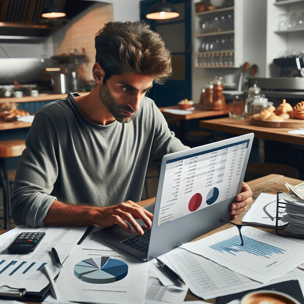 Restaurantinhaber analysiert Rechnungen, Belege und Diagramme zur Kosten- und Gewinnübersicht
