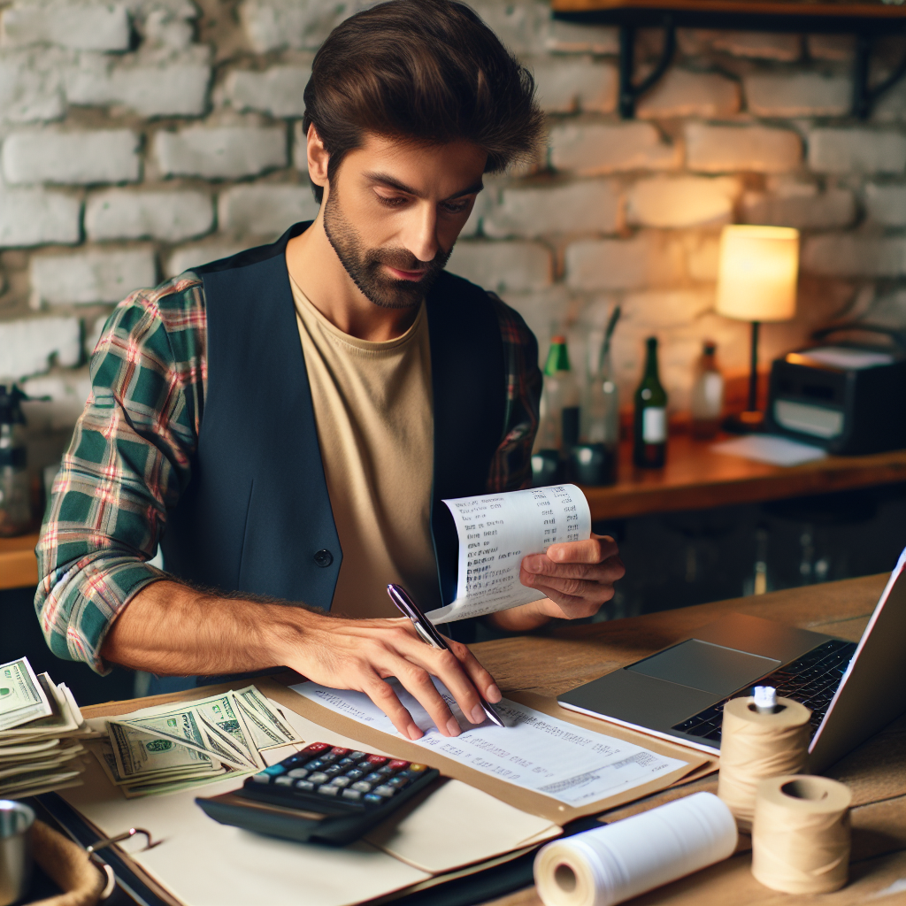 Restaurantbesitzer am Laptop sortiert Belege und Rechnungen zur Gewinnanalyse