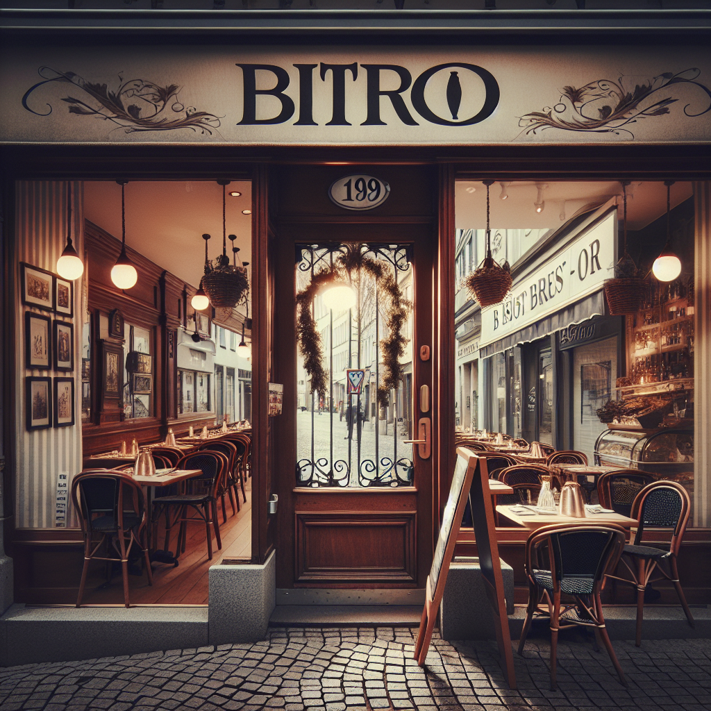 Geschlossenes Bistro mit Schild und leeren Tischen im Fenster