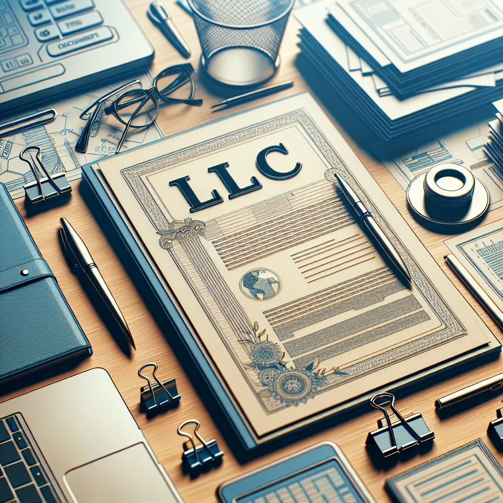 Schreibtisch mit Laptop, Ordnern und einem Dokument mit Überschrift ‚LLC‘