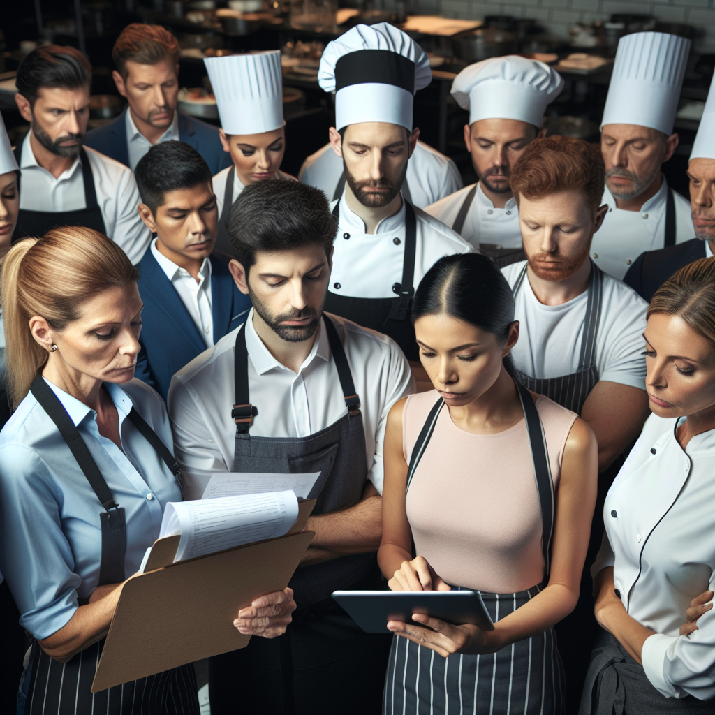Gastronomie-Team beim kurzen Morgenbriefing, Mitarbeiter schauen auf Tablet und Checkliste