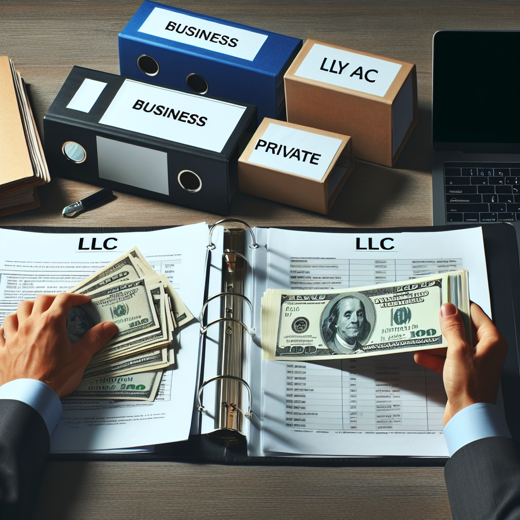 Hand legt Kontoauszüge neben Laptop, Ordner mit Beschriftung 'LLC', 'Geschäft' und 'Privat' sichtbar