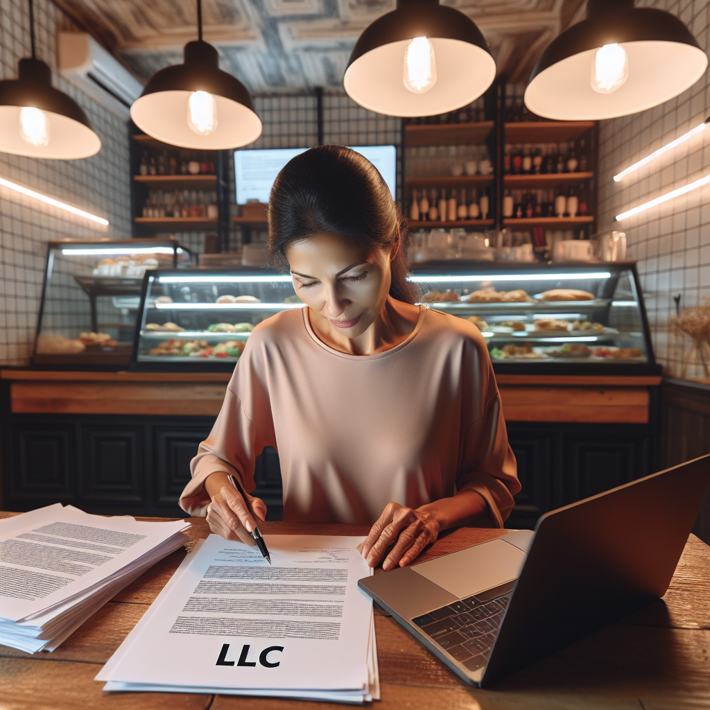 Person im Restaurant liest LLC-Vertrag am Laptop mit Notizen