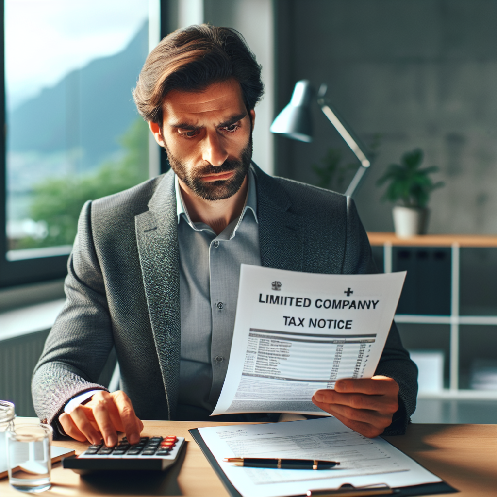 Geschäftsmann in der Schweiz liest Steuerbescheid mit Taschenrechner und GmbH-Unterlagen