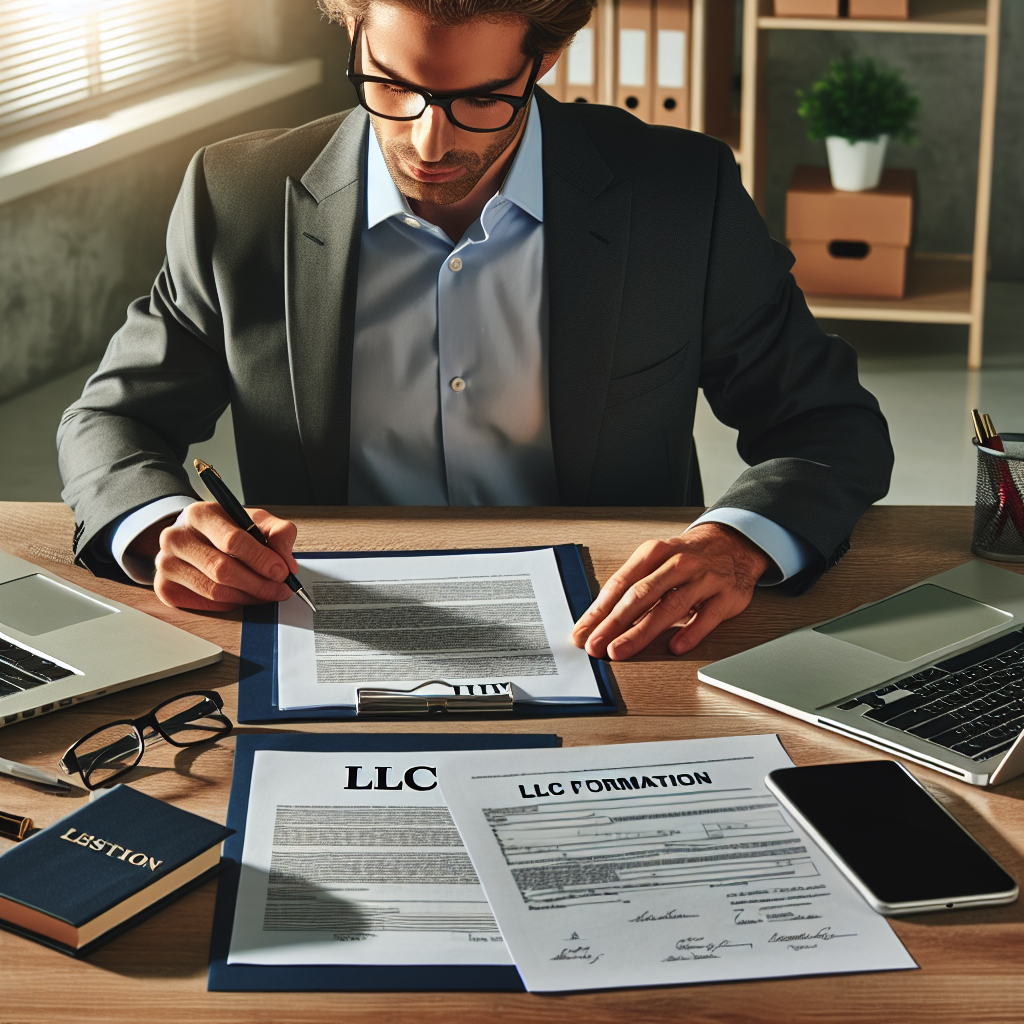 Unternehmer liest LLC-Gründungsdokumente am Schreibtisch mit Laptop und Stift