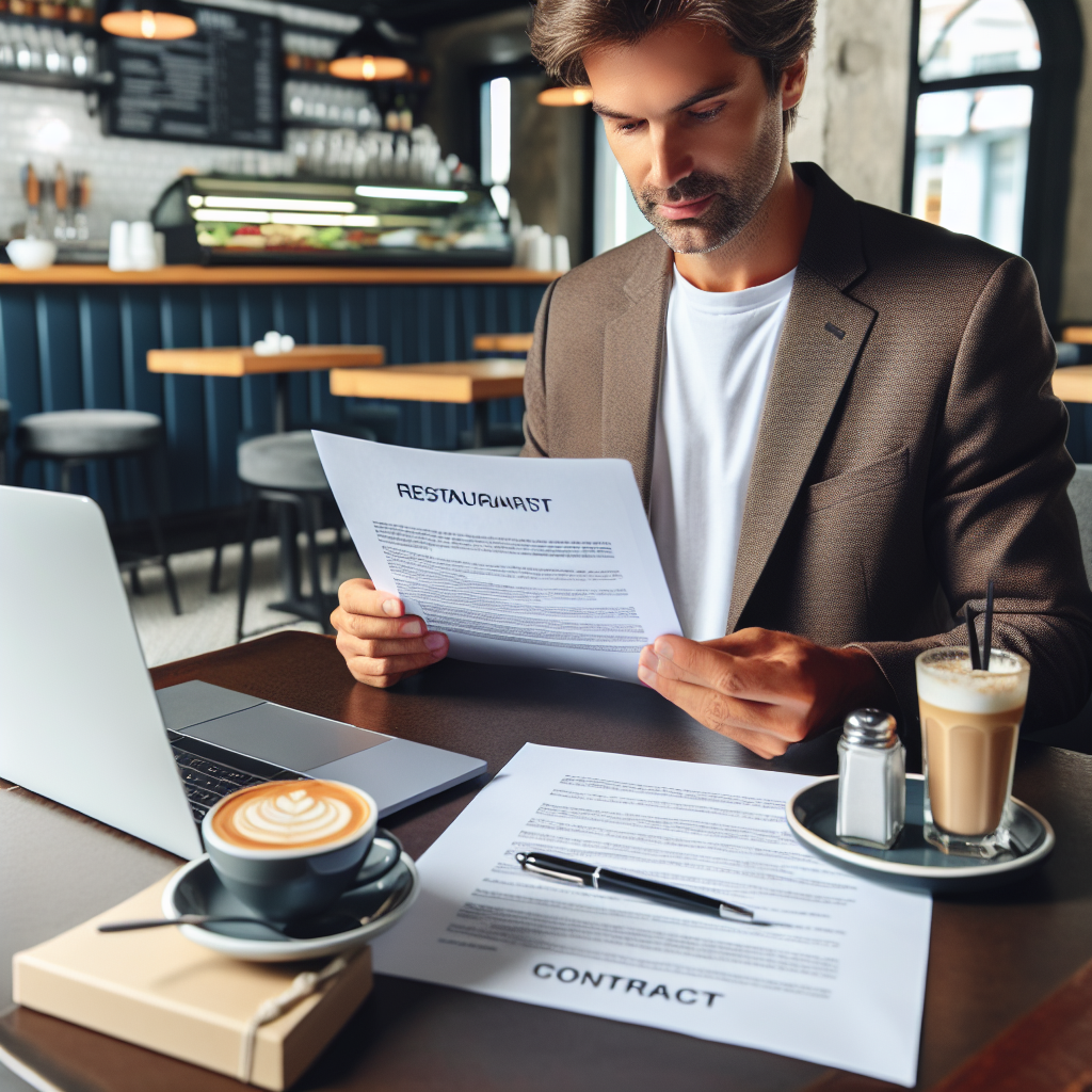 Gastronom sitzt im Café am Tisch, prüft Gründungsunterlagen auf Laptop neben Kaffeetasse