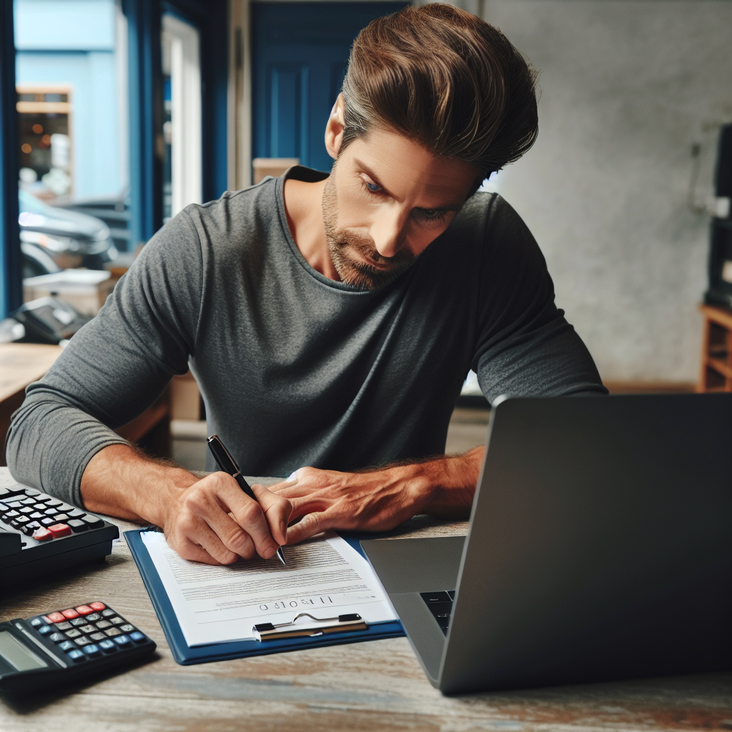 Restaurantgründer unterschreibt LLC-Dokumente am Tisch mit Laptop und Kasse