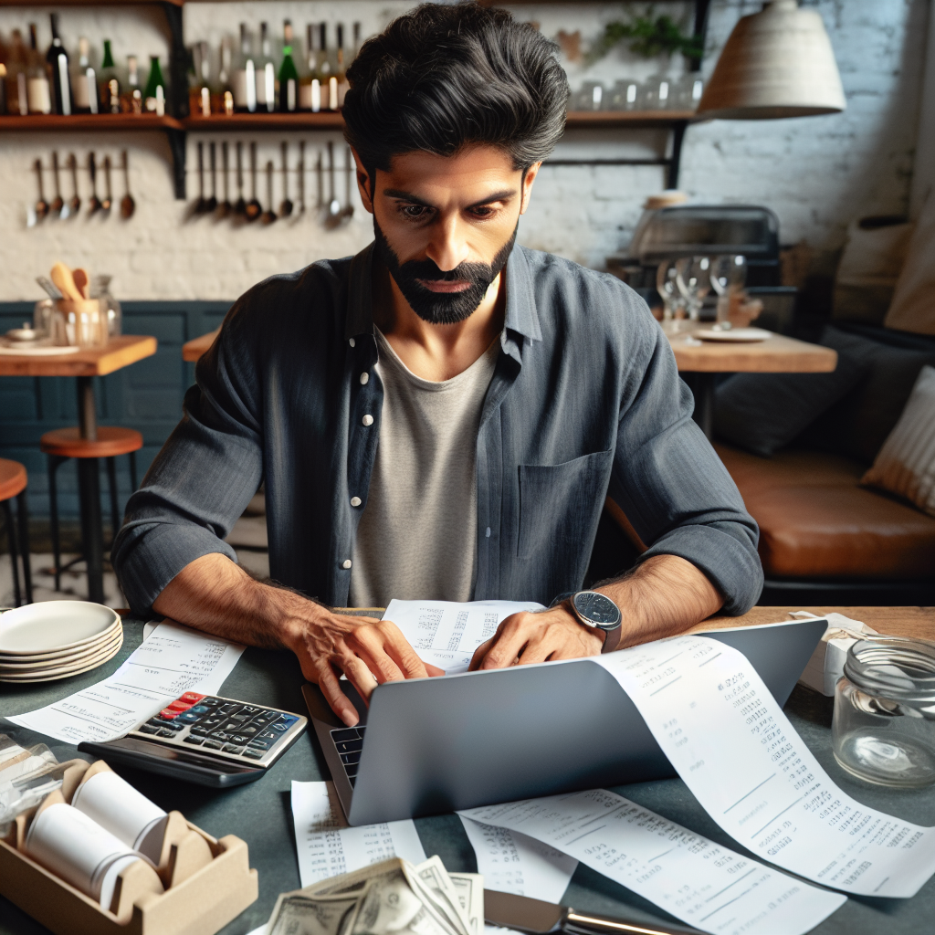 Bistroinhaber prüft Belege und Kalkulation mit Laptop, Taschenrechner und Rechnungen