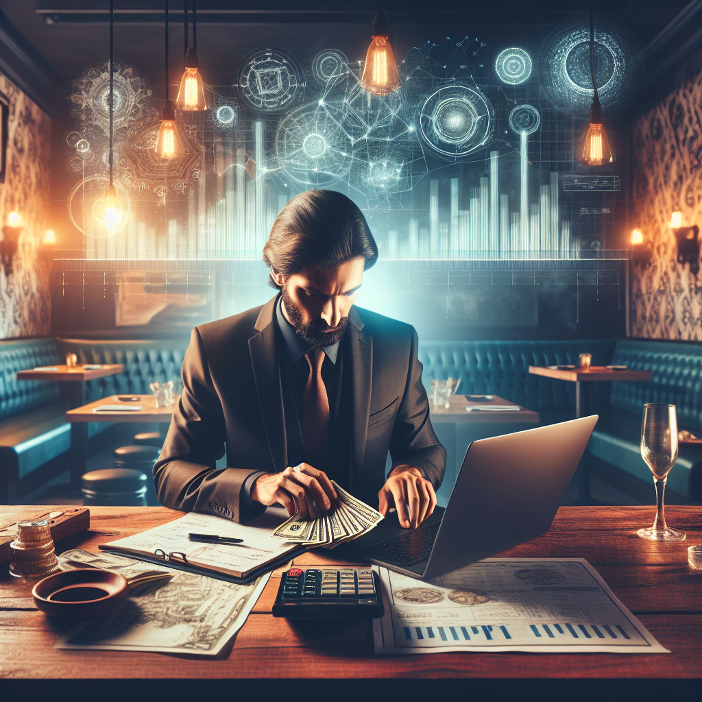 Restaurantinhaber prüft P&L am Laptop, Rechnungen und Taschenrechner auf Tisch