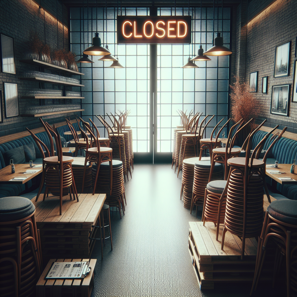 Leeres Restaurant mit gestapelten Stühlen und 'Geschlossen'-Schild am Eingang