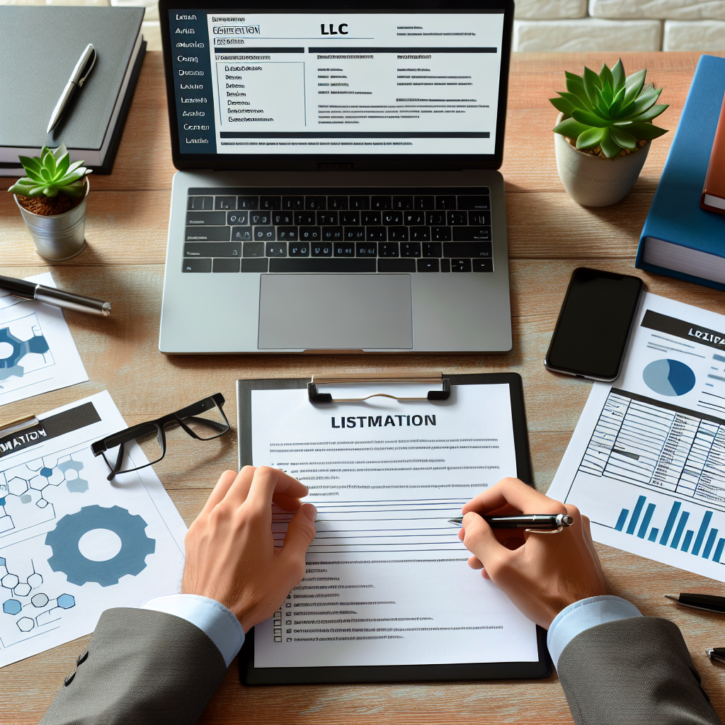 Person am Schreibtisch mit Laptop, Checkliste und LLC-Dokumenten