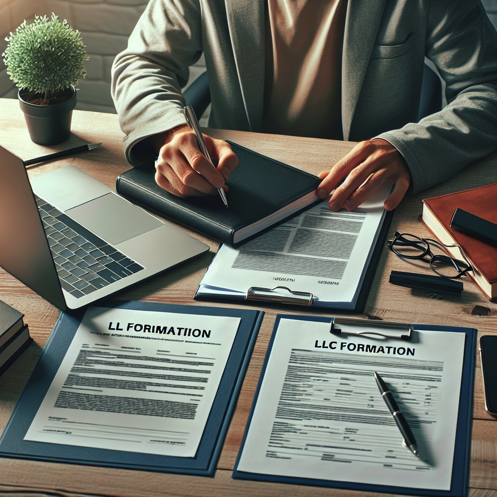 Person am Schreibtisch mit Laptop, LLC-Gründungsunterlagen und Notizblock