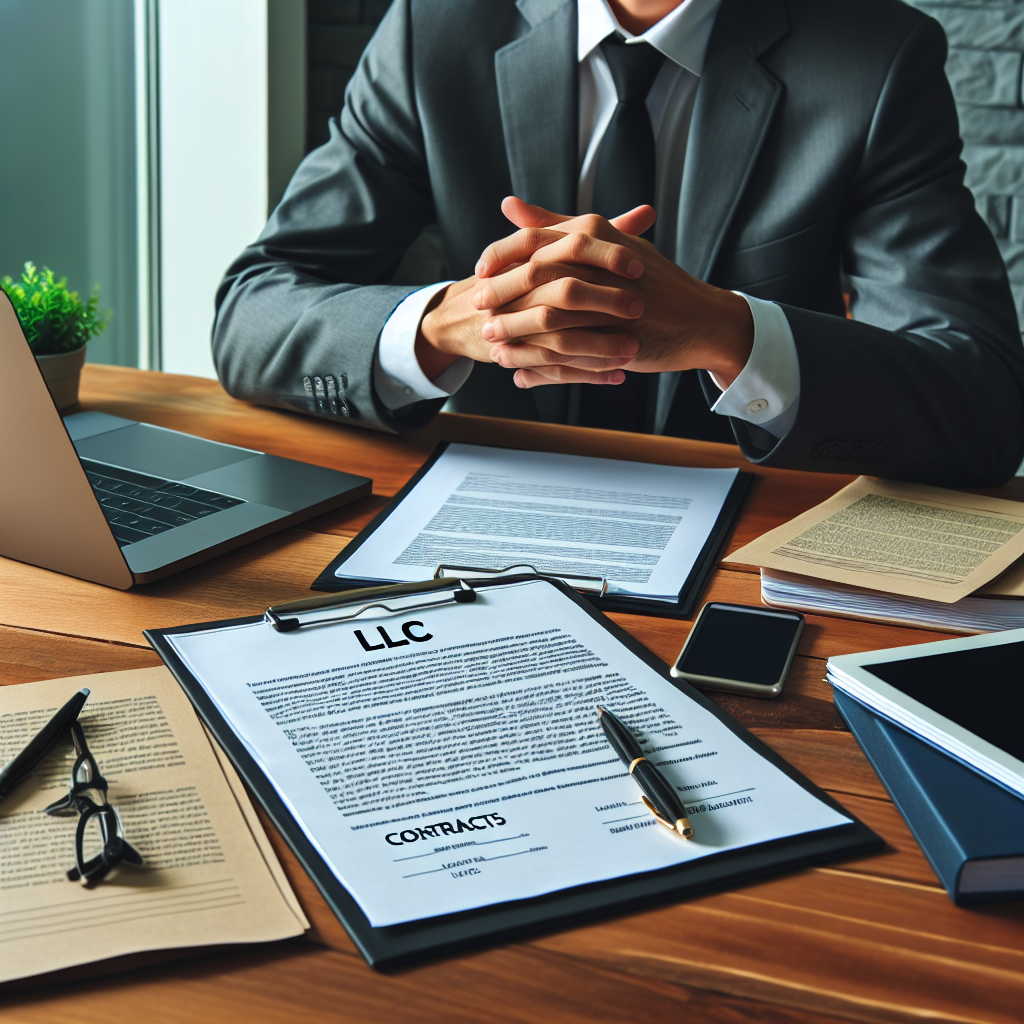 Person am Schreibtisch mit Laptop, Verträgen und LLC-Dokumenten