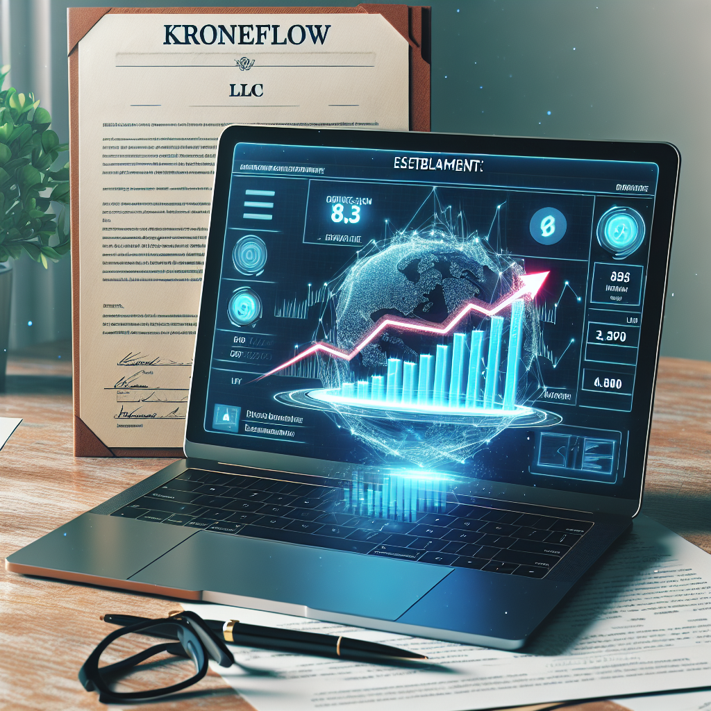 Laptop mit KroneFlow-Dashboard, LLC-Vertrag und wachsender Umsatzgrafik