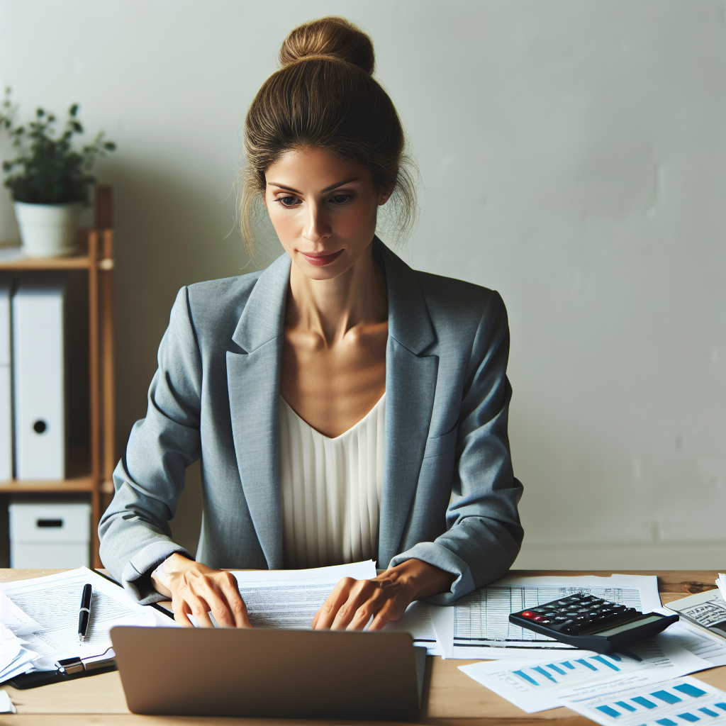 Frau am Schreibtisch mit Laptop, Rechnungen, Taschenrechner und Kalender zur Steuerplanung