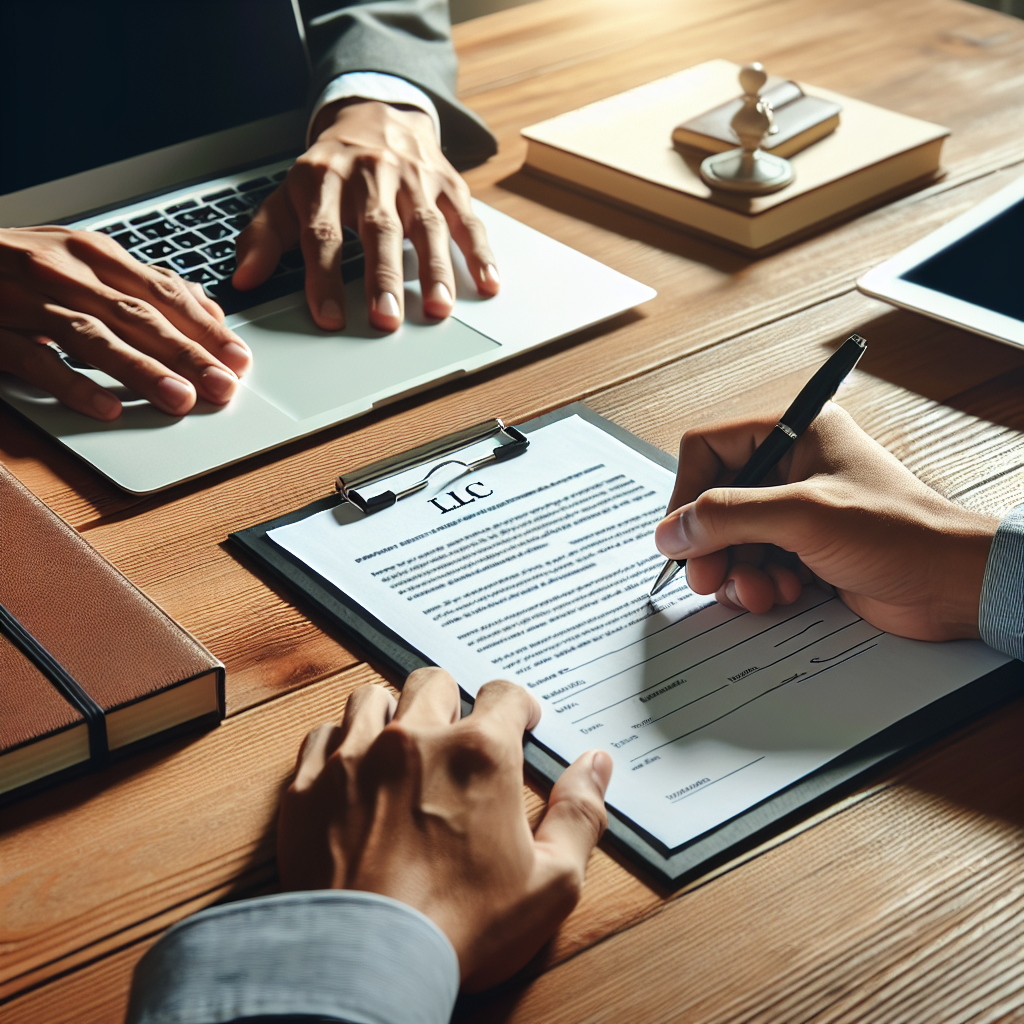 Person unterschreibt LLC-Gründungsdokumente neben Laptop und Notizbuch auf Holztisch