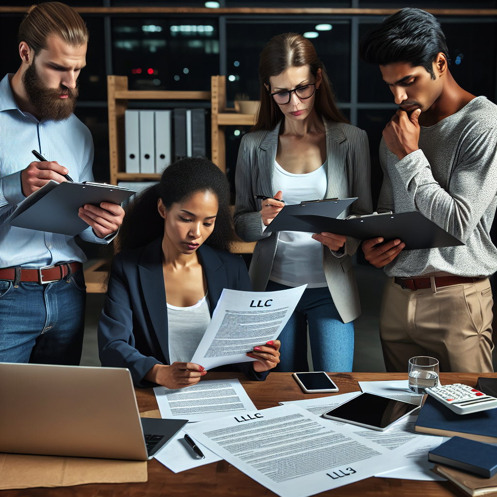 Team prüft LLC-Vertrag neben Laptop und Checkliste