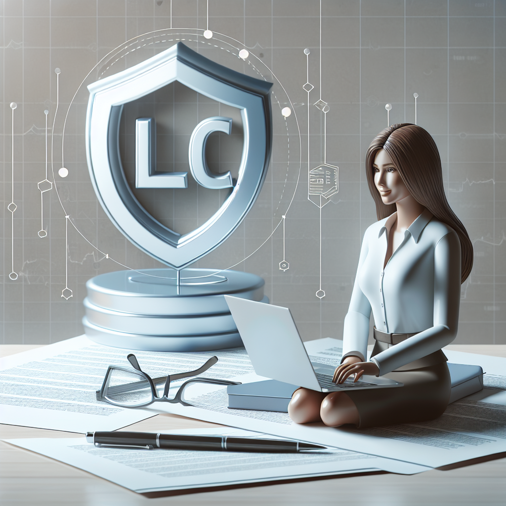 Frau mit Laptop und Vertragsdokumenten vor Schildsymbol LLC zur Haftungsbegrenzung