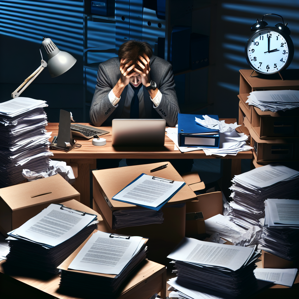 Überforderter Gründer am Schreibtisch mit Laptop, Aktenstapel und Uhr