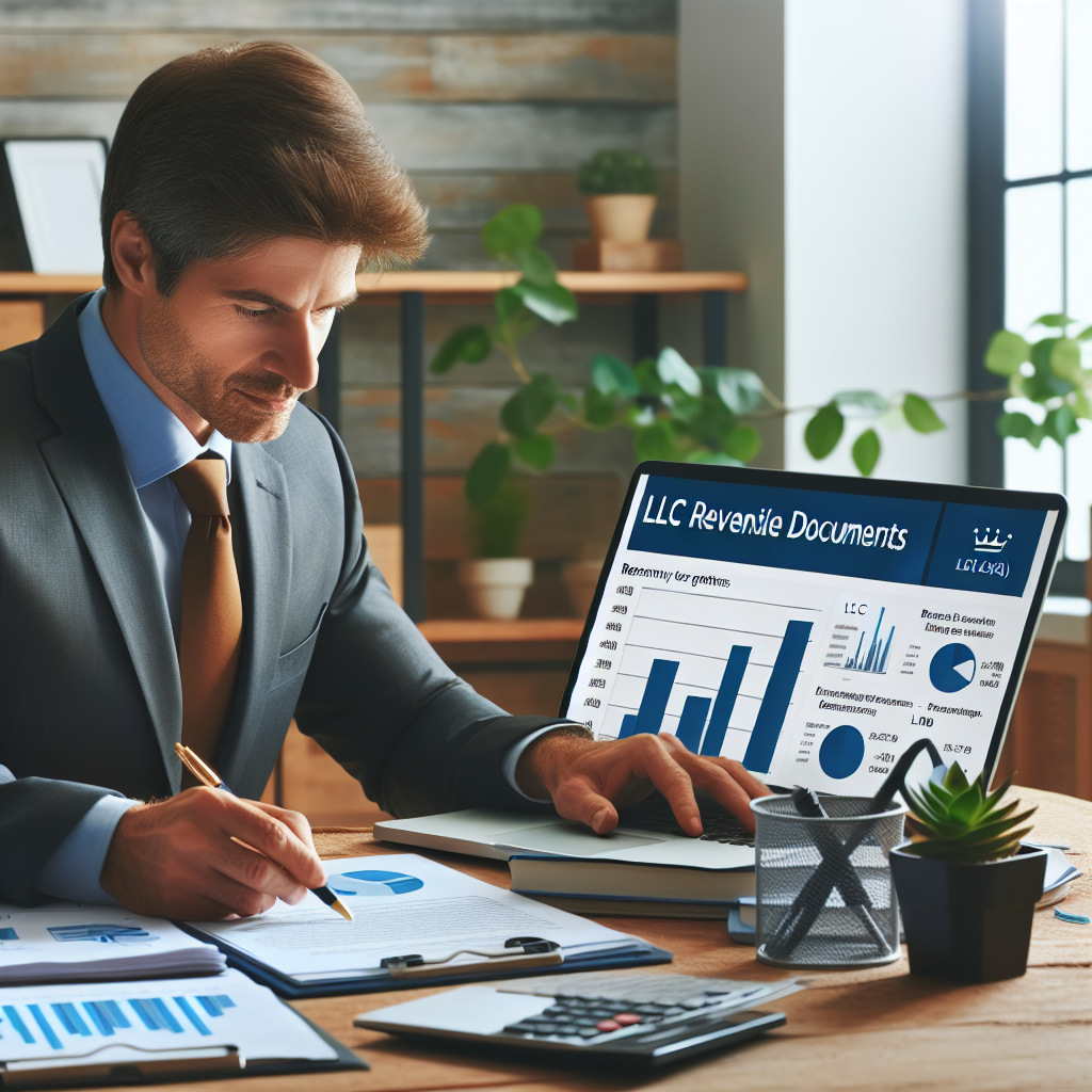 Unternehmer überprüft LLC-Dokumente am Laptop mit Umsatzdiagramm zur Skalierung
