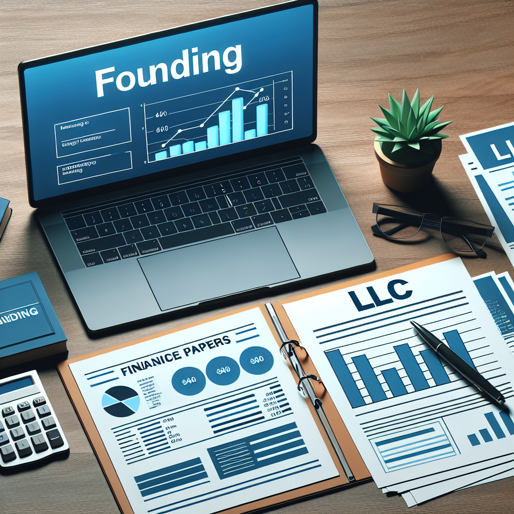 Laptop mit Finanzdiagramm, daneben Geschäftspapiere mit 'LLC' Schriftzug und Stift
