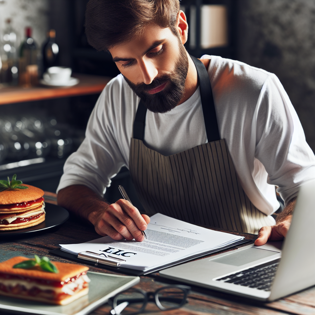 Restaurantinhaber sitzt am Laptop, liest LLC-Unterlagen und notiert wichtige Punkte