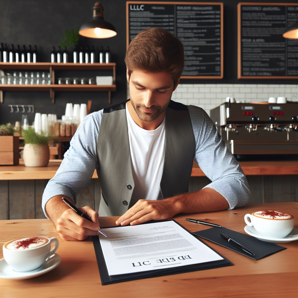 Restaurantbesitzer unterschreibt LLC-Unterlagen am Tisch, Dokumente und Café-Theke im Hintergrund