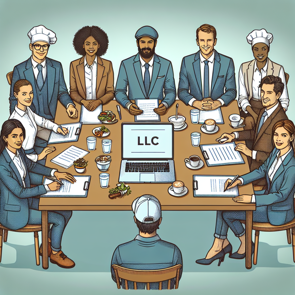 Restaurantteam am Tisch mit Laptop, Notizen und Dokument mit der Aufschrift LLC