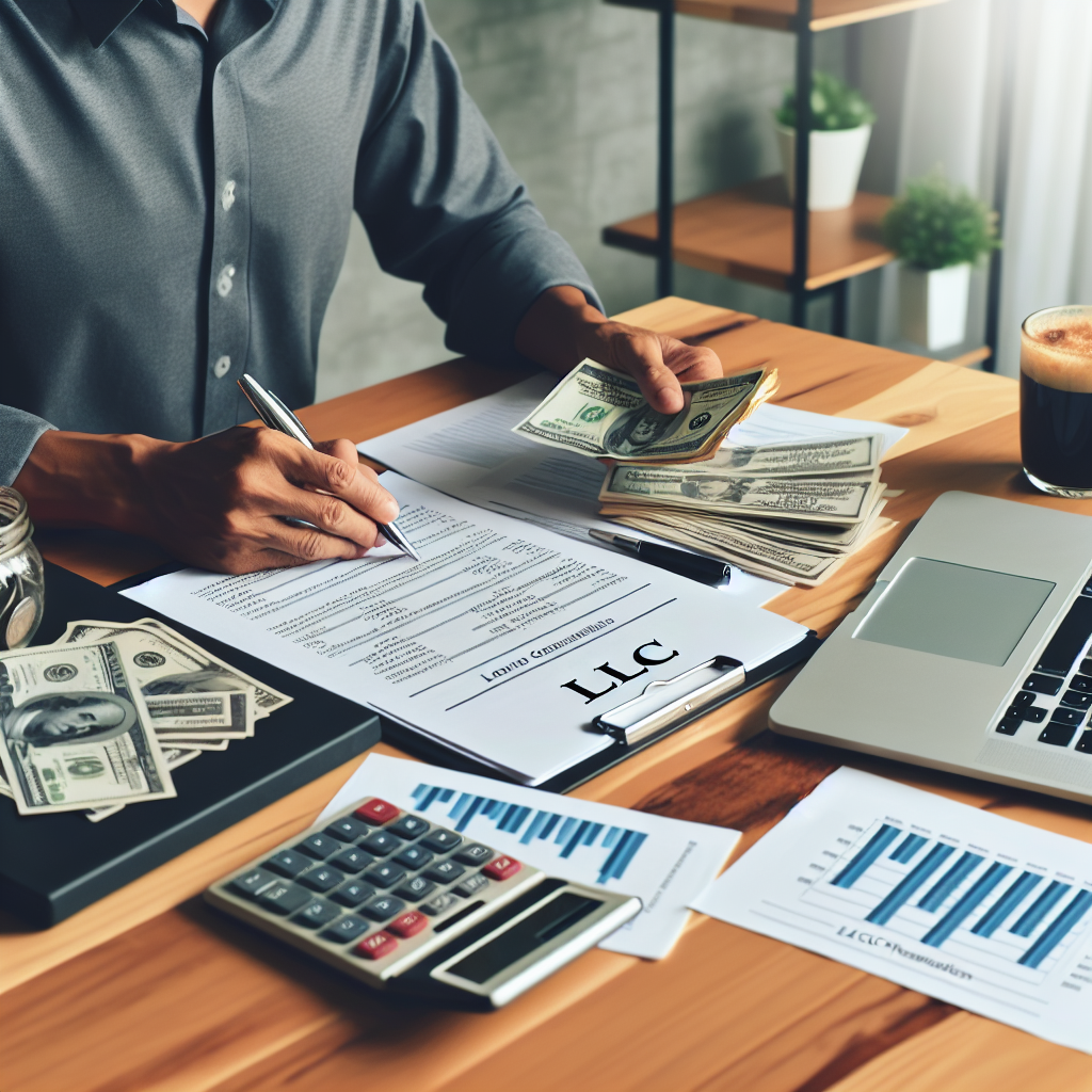 Person am Schreibtisch mit Laptop, Kontoauszügen, Taschenrechner und LLC-Dokumenten
