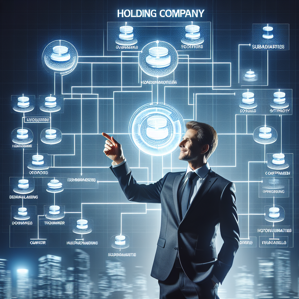 Geschäftsperson zeigt auf Organigramm, das Holding-Struktur und Tochterfirmen darstellt