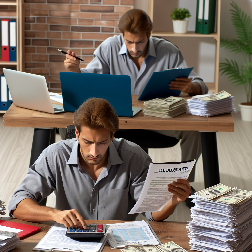 Restaurantinhaber mit Laptop, Rechnungen und Taschenrechner überprüft Ausgaben und LLC-Dokumente