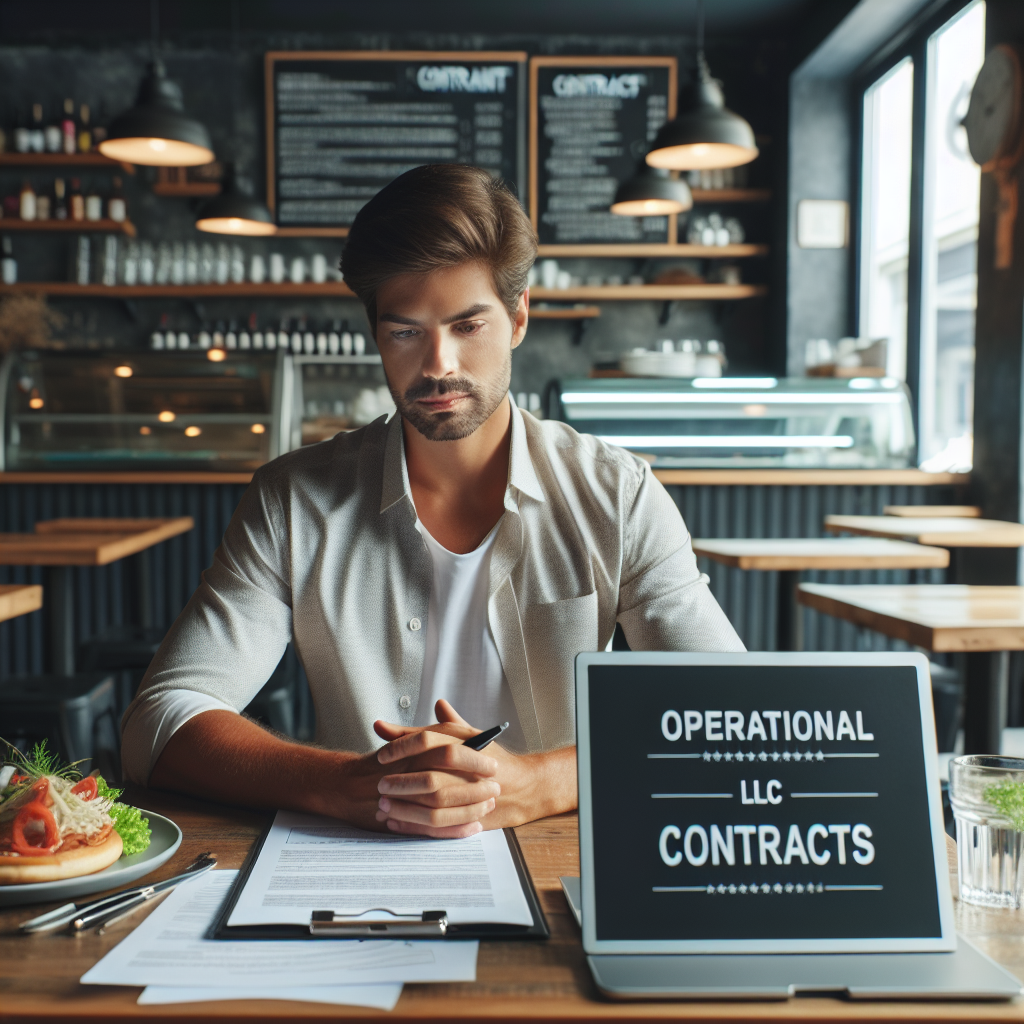 Person am Tisch mit Laptop, Verträgen und Betriebs-LLC Schild im Restaurant