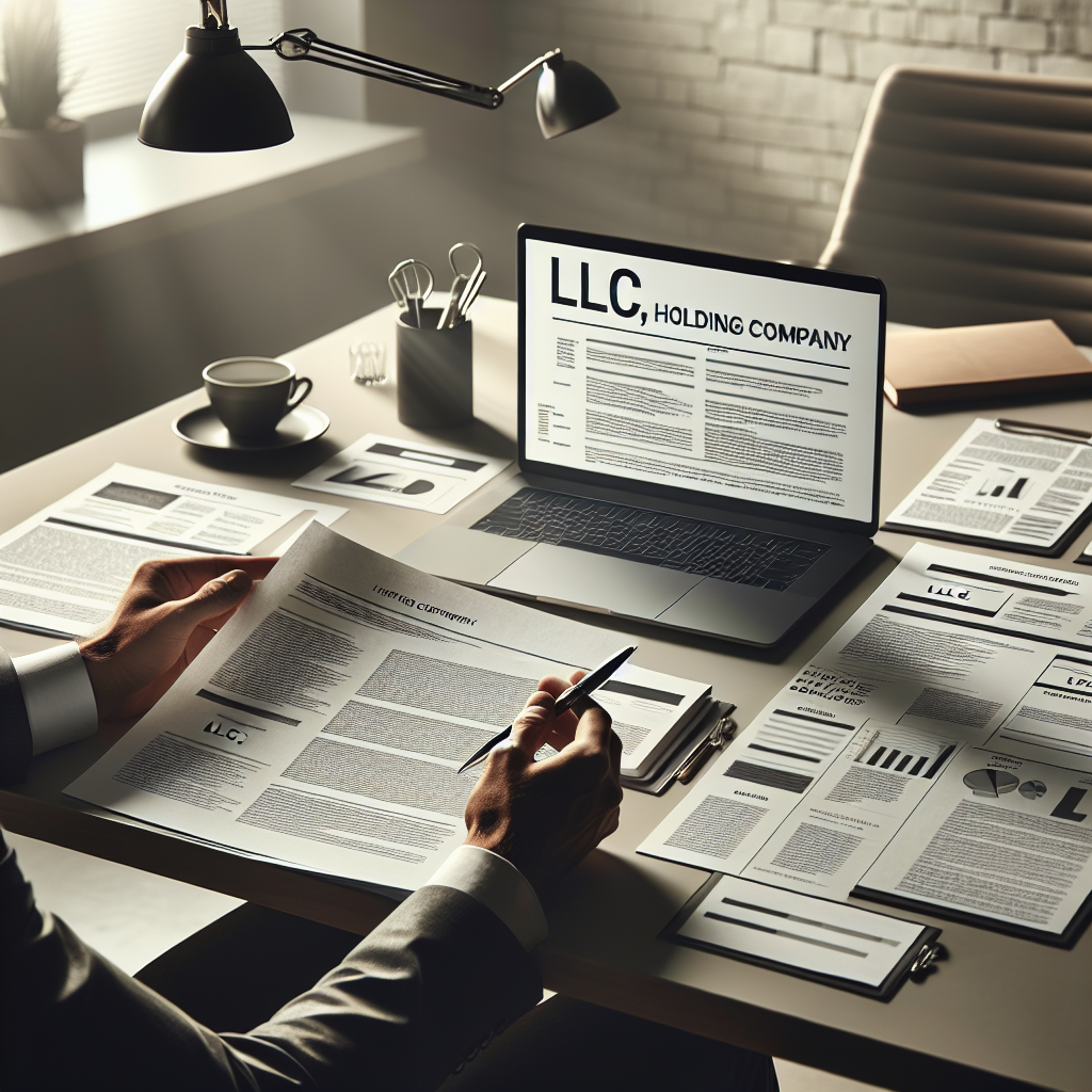 Unternehmer am Schreibtisch mit Laptop und Dokumenten zu LLC, Holding und Prozessen