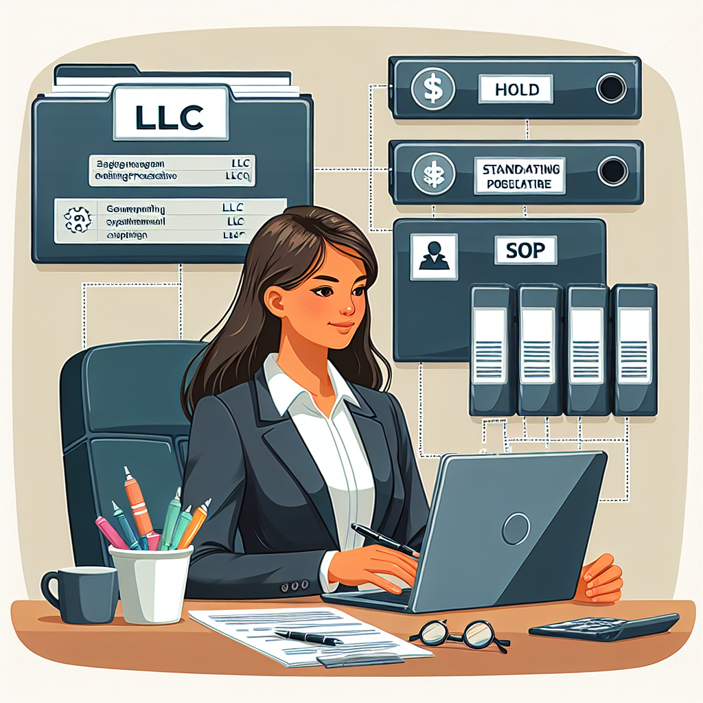 Person am Schreibtisch mit Laptop, Ordnern beschriftet LLC und Holding sowie SOP-Notizen