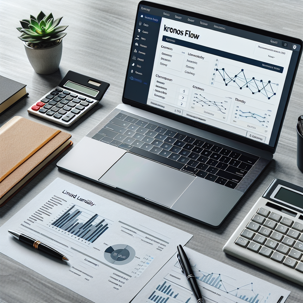 Laptop mit Kronos Flow Dashboard, LLC-Dokument, Stift und Taschenrechner auf Schreibtisch