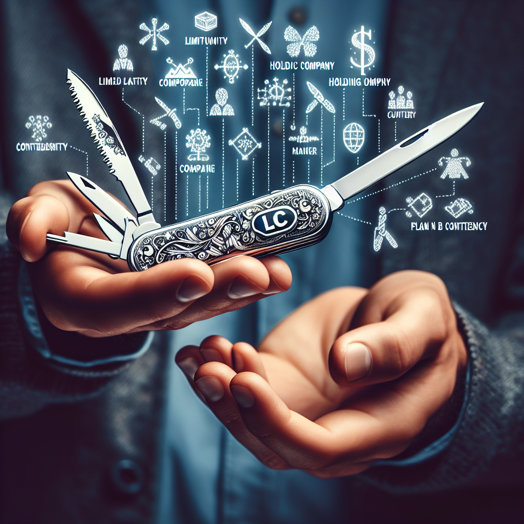 Person hält Schweizer Taschenmesser mit Symbolen für LLC, Holding und Plan B