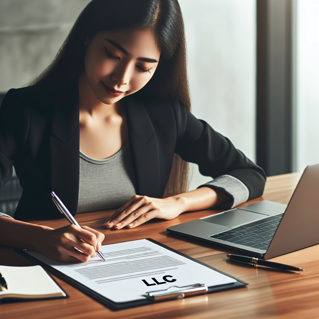 Person unterschreibt LLC-Unterlagen am Schreibtisch neben Laptop und Notizblock