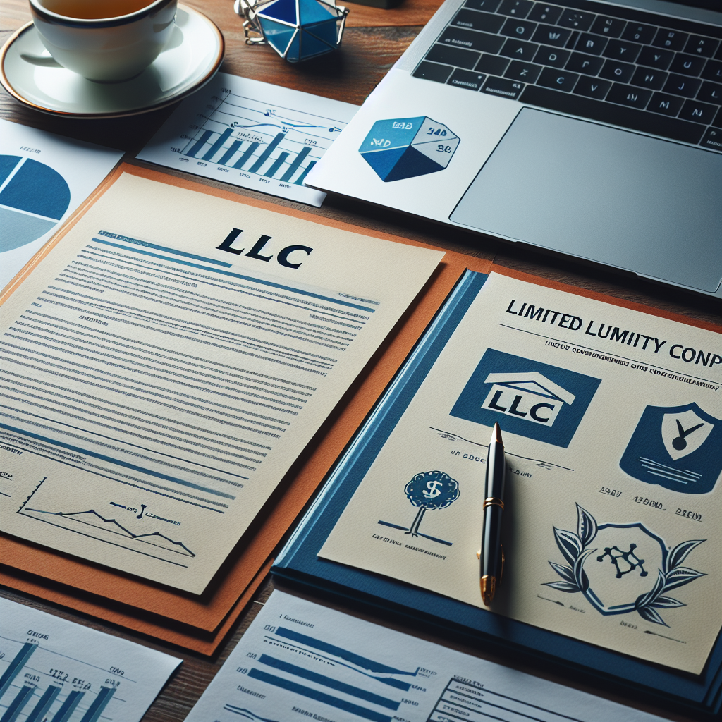 Nahaufnahme: LLC-Dokumente, Laptop und Wachstumsdiagramm auf Schreibtisch