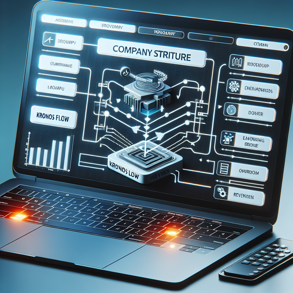 Laptopbildschirm mit Firmenstruktur-Diagramm, Kronos Flow-Label und Umsatzdiagramm