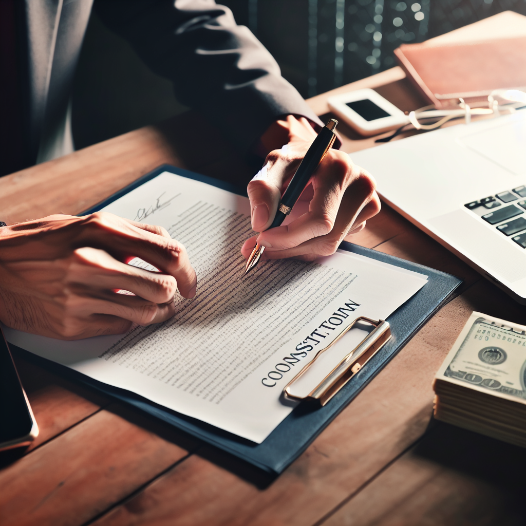 Person unterschreibt Vereinssatzung auf Tisch mit Laptop, Stift und Rechnungen